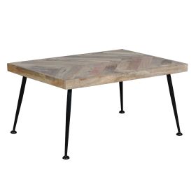 36 Inch Rectangular Mango Wood Coffee Table, Herringbone Design, Iron Legs, Brown, Black