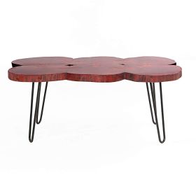 44 Inch Acacia Wood Coffee Table, Quatrefoil Top, Live Edge, Iron Hairpin Legs, Walnut Brown, Black