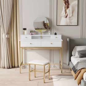 White, modern and simple vanity with stool, solid metal frame, large round mirror and storage space