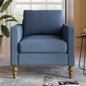 Classic Linen Armchair Accent Chair with Bronze Nailhead Trim Wooden Legs Single Sofa Couch for Living Room; Bedroom; Balcony; Navy Blue