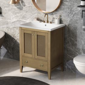 24" Bathroom Vanity with Ceramic Basin;  Rattan Bathroom Storage Cabinet with Two Doors and Drawer;  Solid Frame;  Natural
