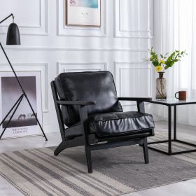 solid wood black antique painting removable cushion arm chair, mid-century PU leather accent chair
