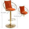 Orange velvet bar chair; pure gold plated; unique design; 360 degree rotation; adjustable height; Suitable for dinning room and bar; set of 2