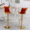 Orange velvet bar chair; pure gold plated; unique design; 360 degree rotation; adjustable height; Suitable for dinning room and bar; set of 2