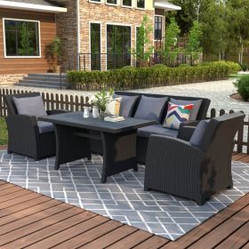 Outdoor Patio Furniture Set 4-Piece Conversation Set Black Wicker Furniture Sofa Set with Dark Grey Cushions (Color: Black)