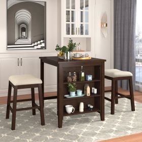 3 Piece Dining Table with Padded Stools, Table Set with Storage Shelf (Main Material: Solid Wood, Main Color: Brown)