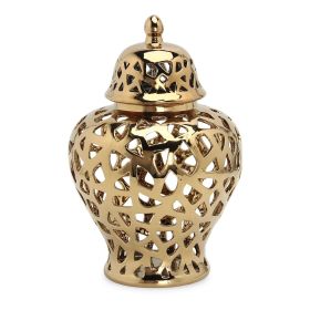 Gold Ceramic Ginger Jar Vase with Decorative Design (Color: As pic)