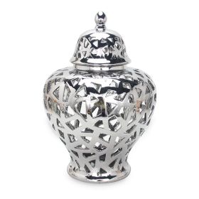 Silver Ceramic Ginger Jar Vase with Decorative Design (Color: As pic)