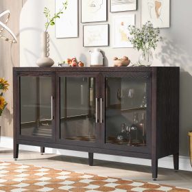 Wood Storage Cabinet with Three tempered glass doors and Adjustable Shelf,Suitable for living room, study and entrance (Color: Brown)