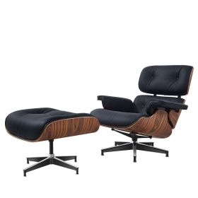 Living Room Lounge Chair Arm Chair Swivel Single Sofa Seat With Ottoman Genuine Leather Standard Version (Color: black PRO leather palisander frame)