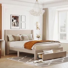 Queen Size Storage Bed Velvet Upholstered Platform Bed with a Big Drawer (Color: Beige)
