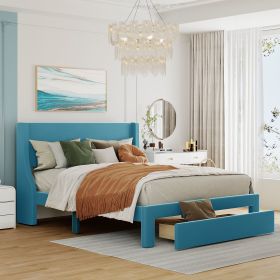 Queen Size Storage Bed Velvet Upholstered Platform Bed with a Big Drawer (Color: Blue)