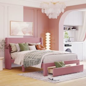 Queen Size Storage Bed Velvet Upholstered Platform Bed with a Big Drawer (Color: Pink)