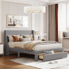 Queen Size Storage Bed Velvet Upholstered Platform Bed with a Big Drawer (Color: Gray)