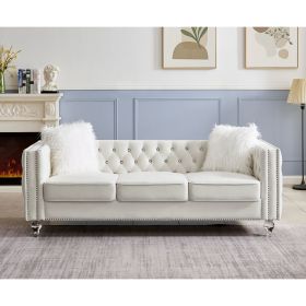 Velvet Upholstery Tufted Sofa Crystal Feet Removable Cushion (Color: Beige)