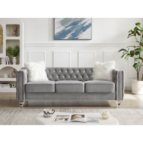 Velvet Upholstery Tufted Sofa Crystal Feet Removable Cushion (Color: Gray)