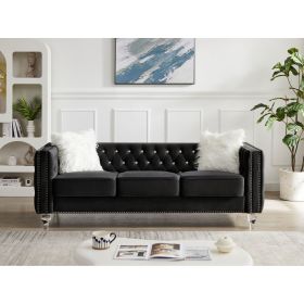 Velvet Upholstery Tufted Sofa Crystal Feet Removable Cushion (Color: Black)
