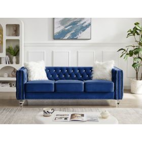 Velvet Upholstery Tufted Sofa Crystal Feet Removable Cushion (Color: Navy Blue)